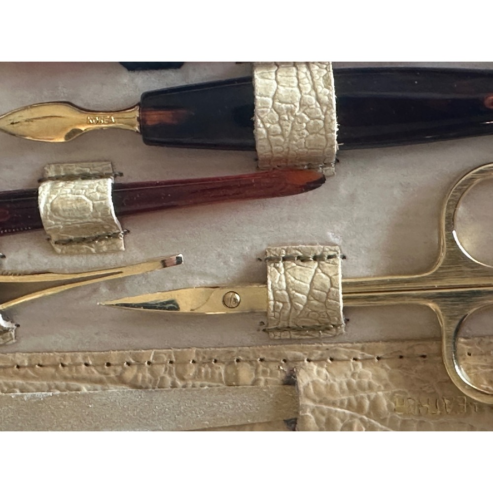 Vintage Travel Manicure Pedicure Makeup Brush Set Brown Faux Croc Case 10 pc - Picture 13 of 16